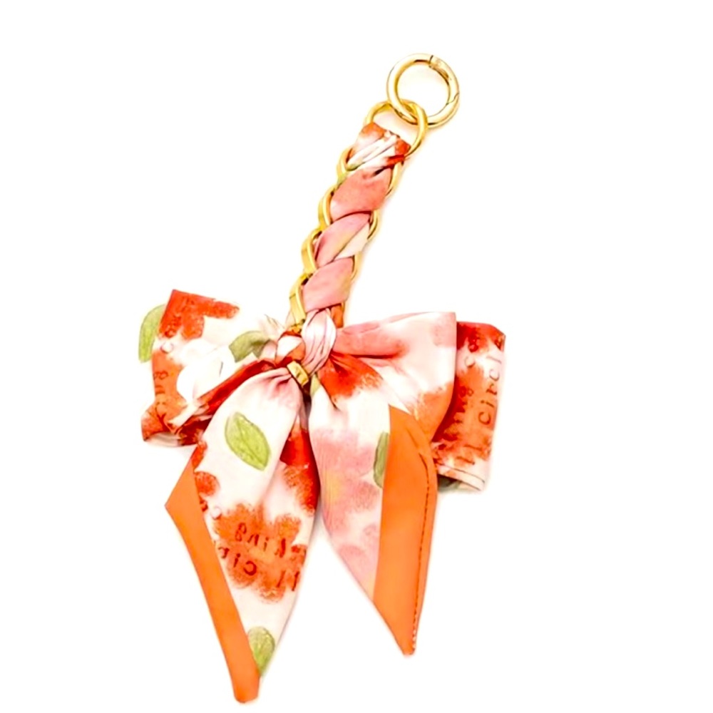 Silk Bow Keychain Charm - Orange Pink Floral